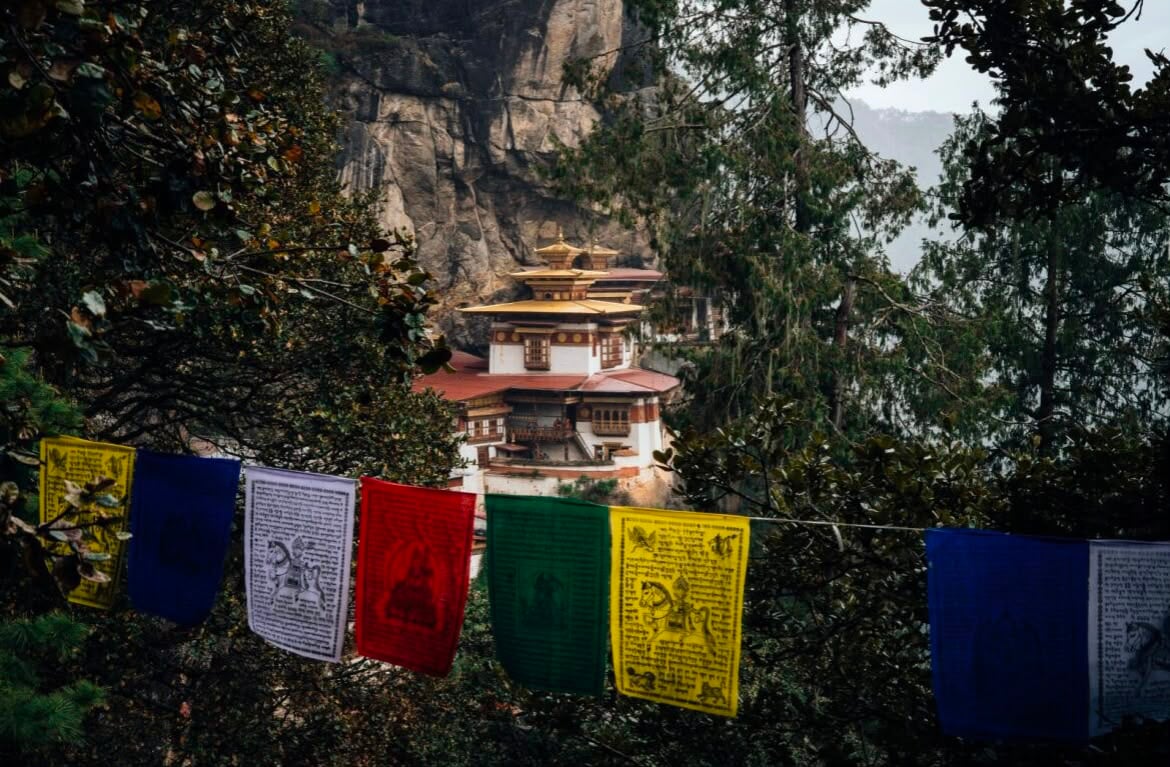 Tiger's Nest Framed by Prayer Flags